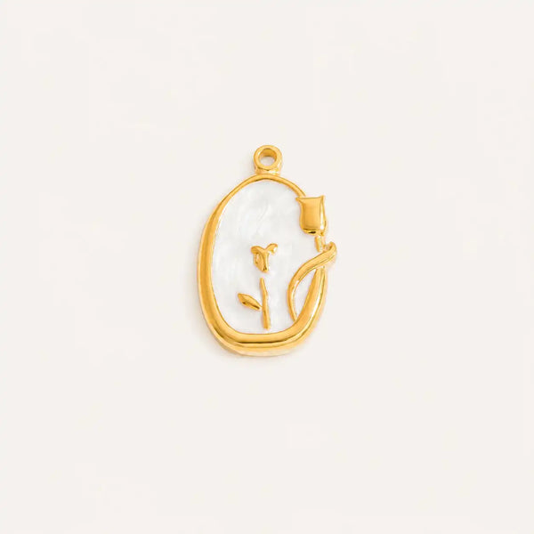 Gold and white tulip flower charm pendant with oval frame design made from waterproof hypoallergenic stainless steel for DIY jewelry making.
