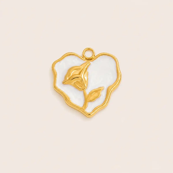 Gold and white floral heart charm pendant made from waterproof hypoallergenic stainless steel for DIY jewelry making and accessory designs.