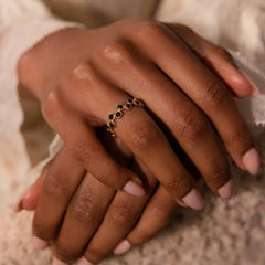 Close-up of a hand wearing a gold ring with black stones on a neutral background