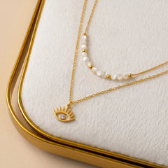 Evil Eye Pearl Layered 18k Necklace