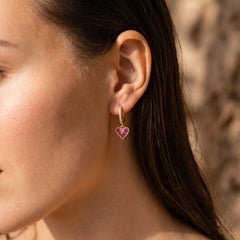 Crimson Heart Charm Hoop Earrings – Gold Finish