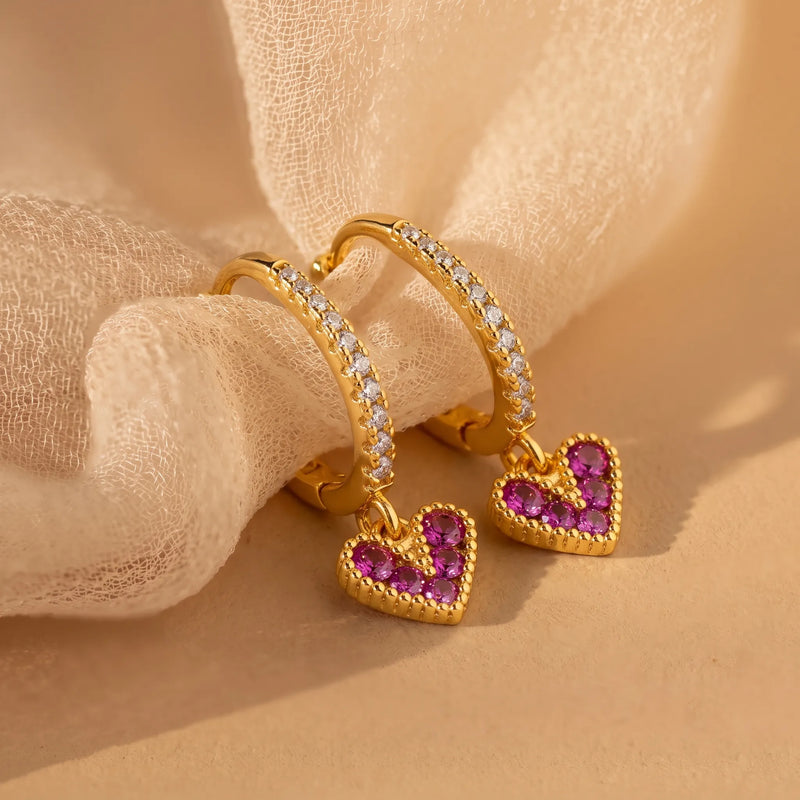Crimson Heart Charm Hoop Earrings – Gold Finish
