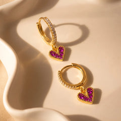 Crimson Heart Charm Hoop Earrings – Gold Finish