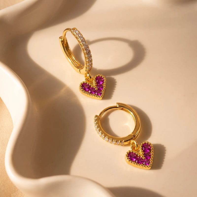 Crimson Heart Charm Hoop Earrings – Gold Finish